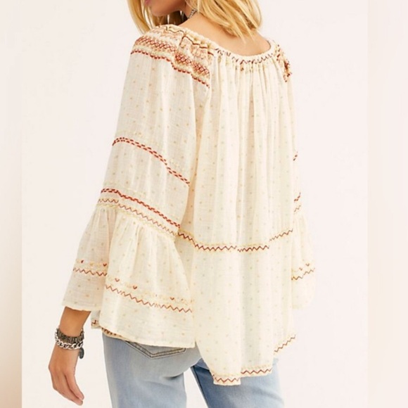 Free People Boho Talia Bell Sleeve Cream Embroidered Peasant Blouse Top - Picture 2 of 16